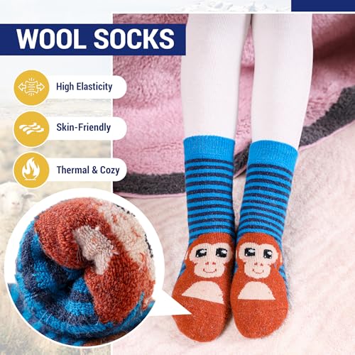 Kids Wool Socks for Boys Girls 4-7 Years Stripe Animal Warm Winter Thermal 6 Pairs
