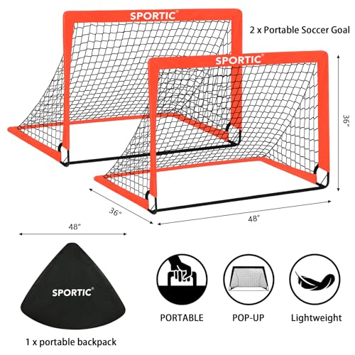 Portable Kids Soccer Goals Set - 2 Pack 4x3 ft with Carrying Bag & Ground Pegs - Orange