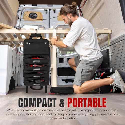 Tool Roll Bag Organizer with Magnetic Plate ? Heavy Duty Polyester, Ideal Gifts For Men, Portable Tool Roll Up Bag with 5 Large Pouches & 4 Tool Strap ? Black (26 Inches)