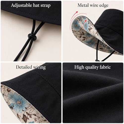 HUAMULAN Reversible Wide Brim Sun Hat for Women - Black, One Size, M2320