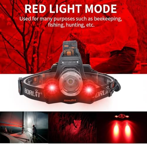 BORUIT Rechargeable Headlamp with Red Light, 90° Adjustable, 3 Modes