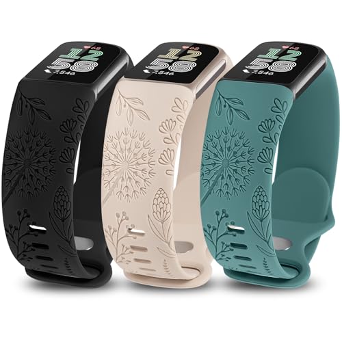 Minyee 3-Pack Floral Silicone Fitbit Charge 6/5 Band with Dandelion Pattern – Black, Starlight, Green