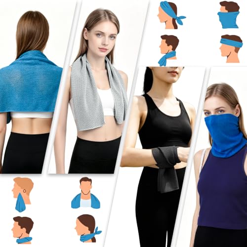 Cooling Towel 4 Pack - Ice Cool Microfiber Towels for Neck - Light Blue/Grey/Green/Pink