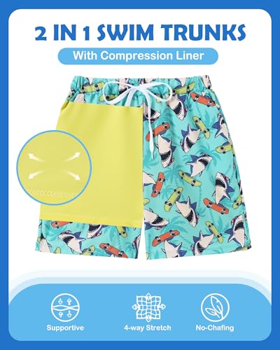 Boys Swim Trunks with Compression Liner - Shark, 5-6 Years