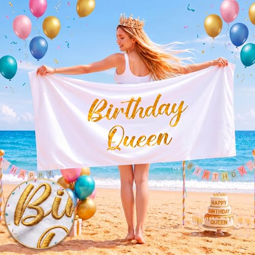 Peryiter Gold Birthday Queen Embroidery Beach Towel 28x55in - Cotton, Fun Gift