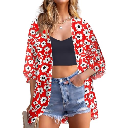 Lightweight Floral Printed Kimono Cardigan - Puff Sleeve, X-Large Red