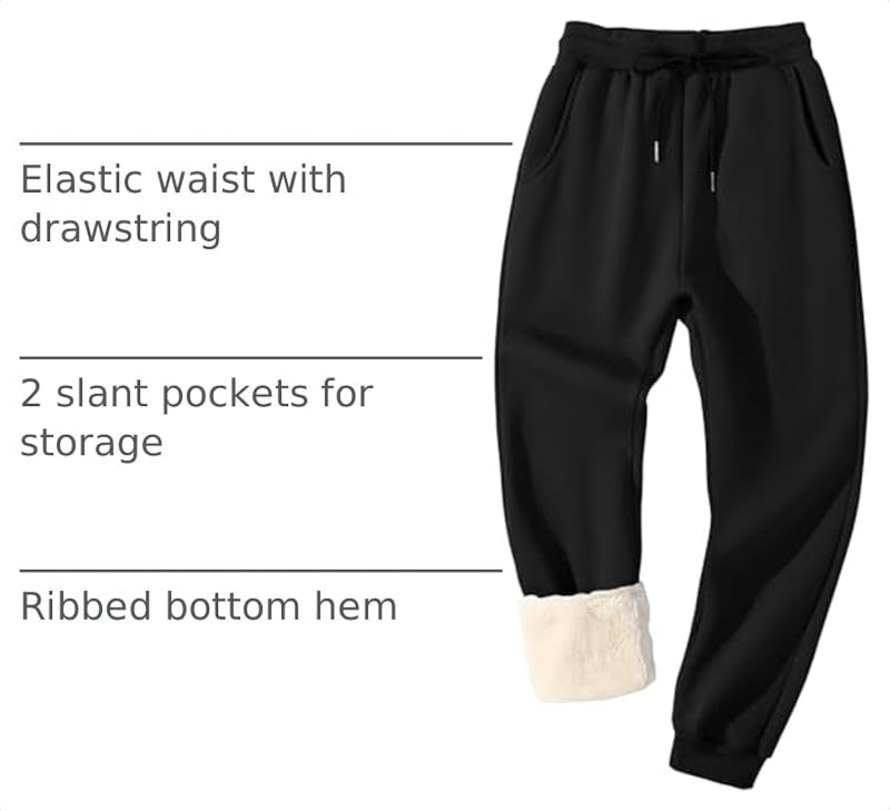 Flygo Men's Fleece-Lined Sherpa Jogger Pants Winter Warm Activewear Small Black Ribbed Bottom
