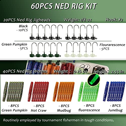 VMSIXVM 1/8 oz Ned Rig Kit with 60 Pcs: 20 Baits + 40 Ned Worms Glow Jigheads