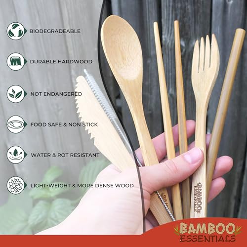 Bamboo Travel Utensil Set with Case - Fork, Spoon, Knife & Straw - Sunset Red