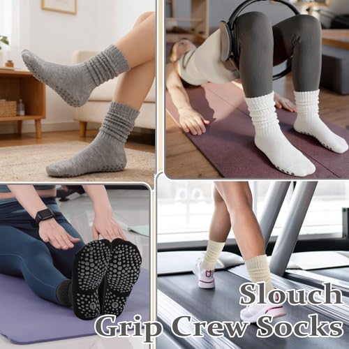 Slouchy Pilates Socks with Grips - 4 Pairs - White, Black, Gray, Off White