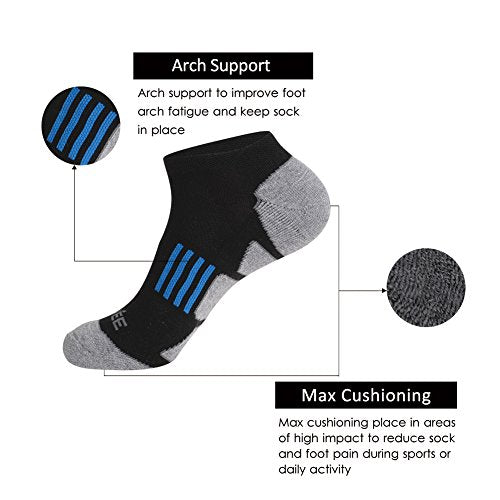 JOYNÉE Men's 6 Pack Black Performance No Show Athletic Cushioned Running Socks