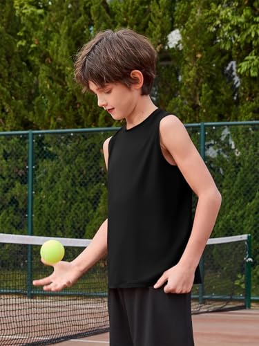 Boys Athletic Tank Top - Sleeveless Quick Dry Shirt, Black, 7-8 Years