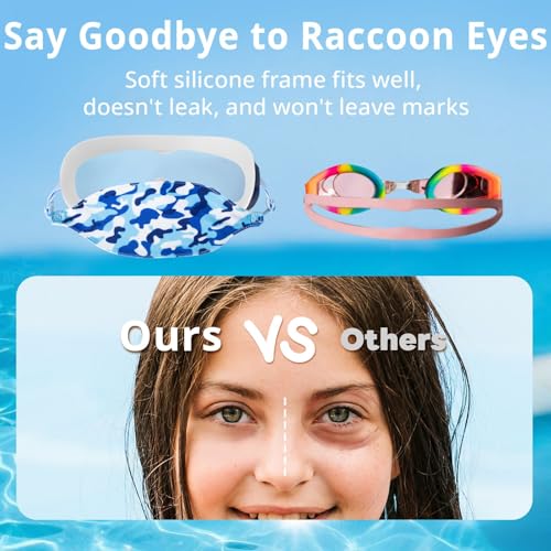 Pixel Panda Kids Swim Goggles 2 Pack for Ages 6-14, Anti-Fog UV Wide View, Blue Variation