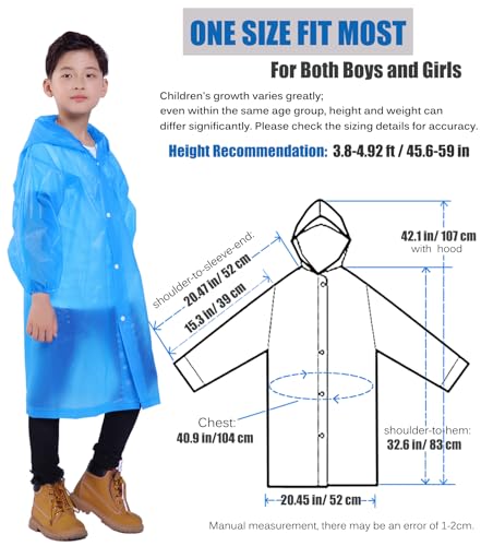 Kids Rain Ponchos 2-Pack for Ages 6-11, Waterproof Reusable Outdoor Rain Jackets Blue