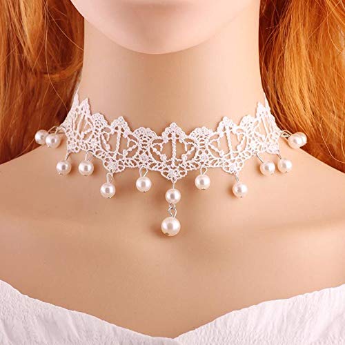White Lace Pearl Choker Necklace - Gothic Bridal Wedding Jewelry