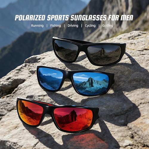 Polarized Sports Sunglasses for Men - Wrap Around UV Protection - A03 Black/Deep Blue