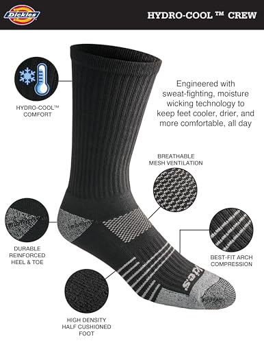 Dickies Men's HYDRO-COOL Moisture Control Crew Socks - Large Black, 6 Pairs