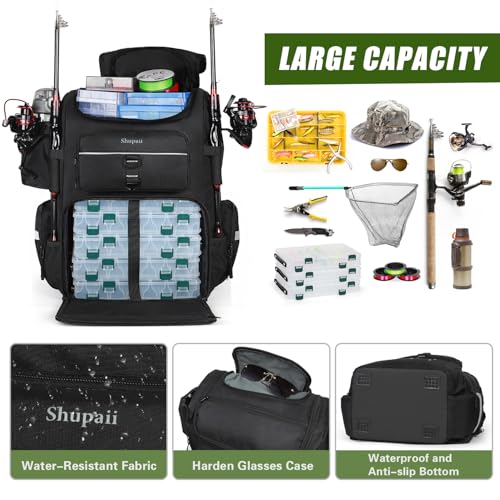 Shupaii Fishing Backpack with Rod Holders 45L Tackle Storage Bag - Black