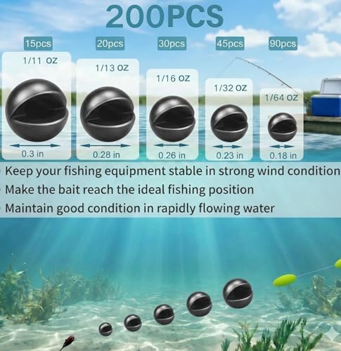 Split Shot Fishing Weights, 200PCS Removable Lead Sinkers - 5 Sizes