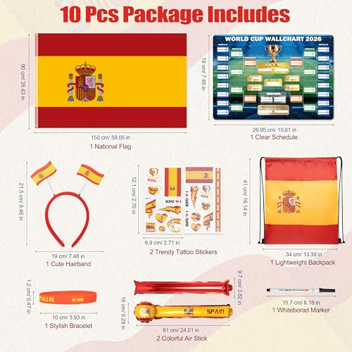 Spain Soccer Supporter Kit - 10-Piece Fan Set with Flag & Accessories