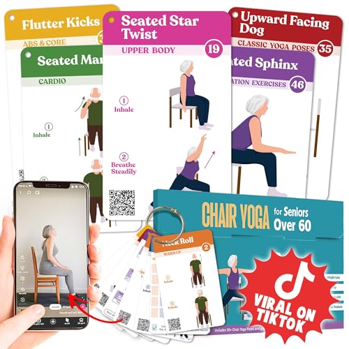 Chair Yoga Flash Cards for Seniors - 50 Exercise Cards with Video Guide