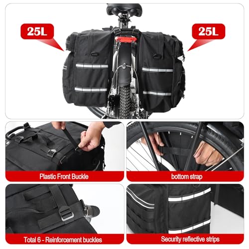 Axiniu Black 50L Waterproof Bicycle Panniers Bag for Rear Rack