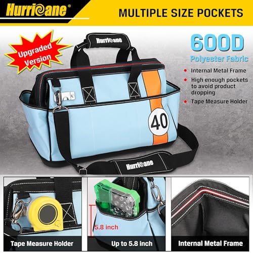 HURRICANE 16 inch Wide Mouth Tool Bag with Water Proof Molded Base with Extra Shoulder Strap, Racing theme-Blue, Multi Pockets, Large Inner Space
