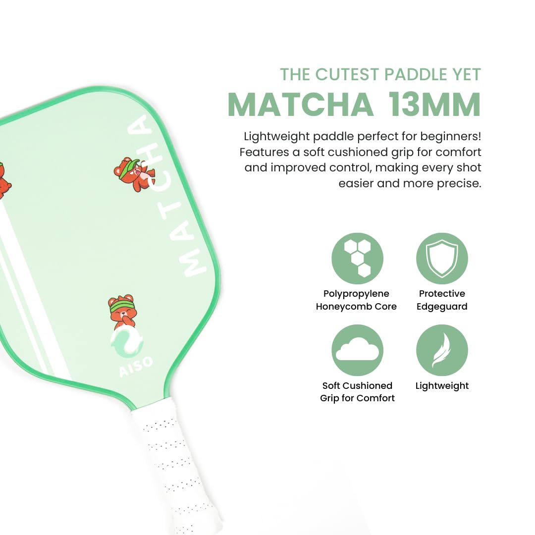 Aiso Matcha | Cute Pickleball Paddles Set of 2 | Premium Starter Set for Beginners with 4 Pickleballs and Portable Carry Bag | Lightweight & Durable Fiberglass with PP Honeycomb Core