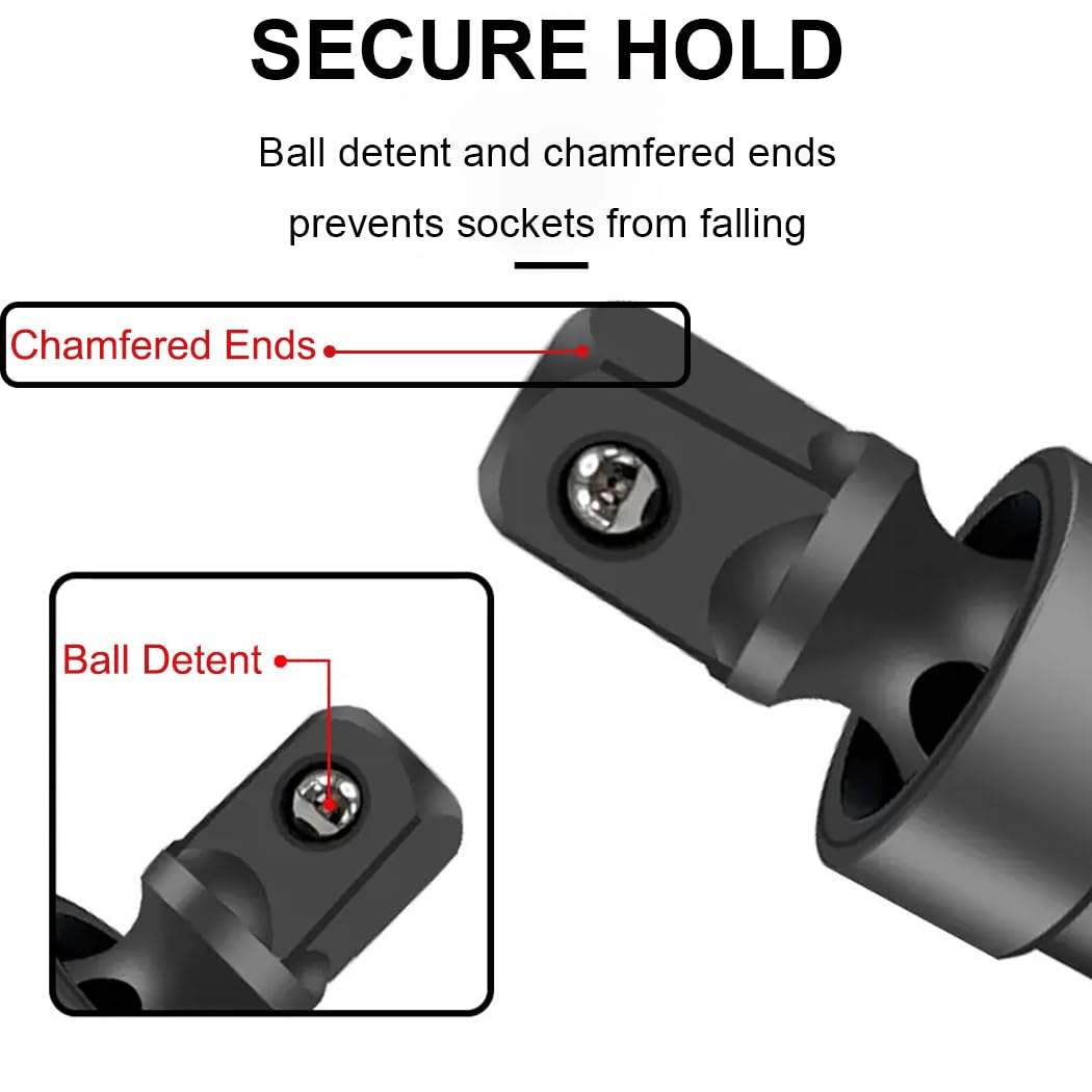 Resze 3PCS Universal Joint Swivel Socket Adapter Set (1/4", 3/8", 1/2"), 360° Rotating, Chrome-Plated Steel, Universal Fit, Anti-Slip Design - Heavy-Duty Automotive & DIY Mechanics Tool Kit