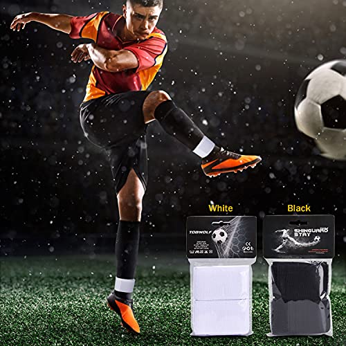 TOBWOLF 4PCS Black & White Soccer Shin Guard Straps - Anti-Slip Sports Football Ankle Supports
