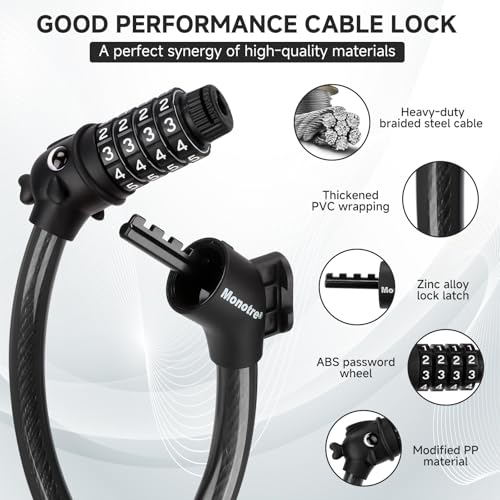 4-Digit Resettable Combination Bike Lock - 3.9 Feet Coiled Cable - Black-10mm