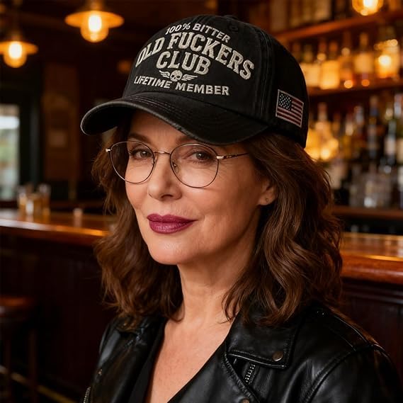 Vintage Baseball Cap with Hand Embroidery - Black, Old Fuckers Club Adjustable Hat