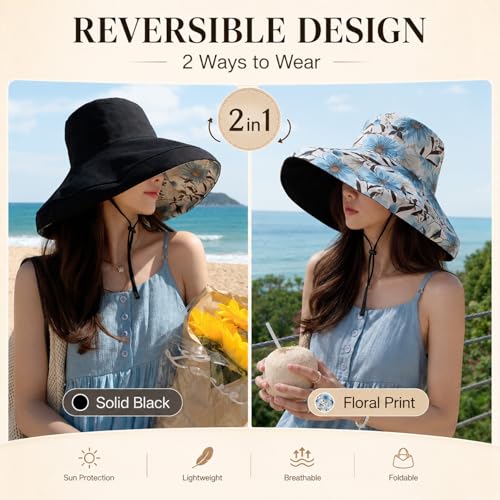 HUAMULAN Reversible Wide Brim Sun Hat for Women - Black, One Size, M2320