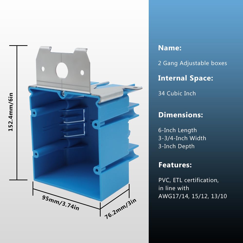 XGGYA 2 Gang Electrical Box Adjustable,Blue Electrical Boxes Plastic,34 Cubic Inch Plastic Outlet Box for Flexibly Adjusted,AWG Standard(1 Pack)