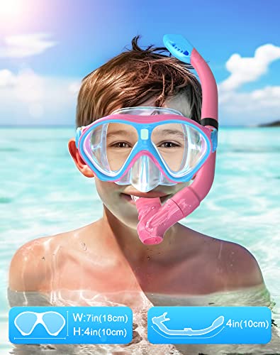 Kids Snorkeling Gear Set - Anti-Fog Mask & Dry Top Snorkel - Pink/Blue X-Small