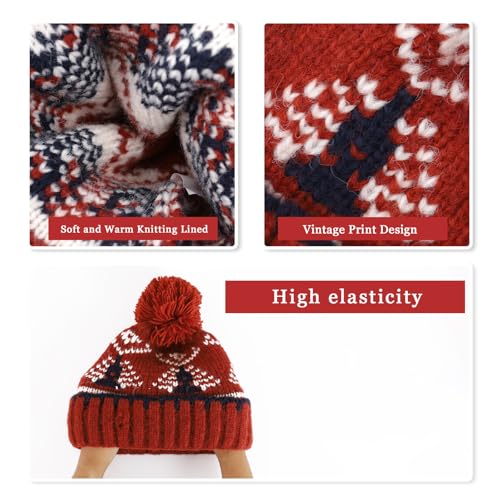 Winter Beanie Hat for Women - Warm Fleece Lined Pom Knit Earflap - D-Brick Red