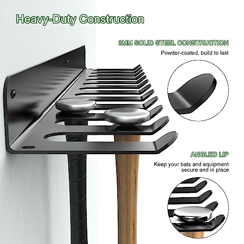 QBA Wall Mount Baseball Bat Holder - Heavy Duty Steel Organizer for 22 Bats, Garage & Dugout Storage (Black, 22 Bats)