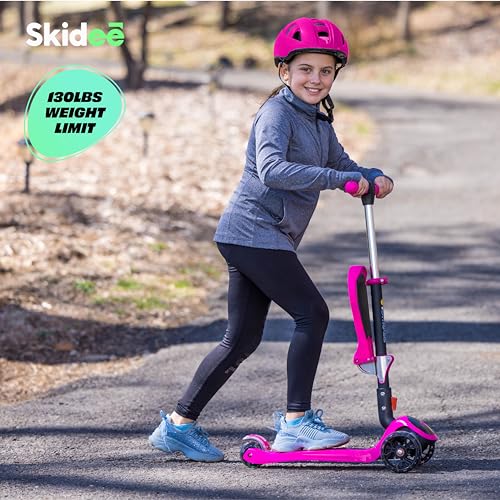 SKIDEE Pink Kick Scooter for Kids 3-5 - Foldable 3-Wheel Lean-to-Steer, Adjustable 25"–33", Removable Seat, LED Light Wheels