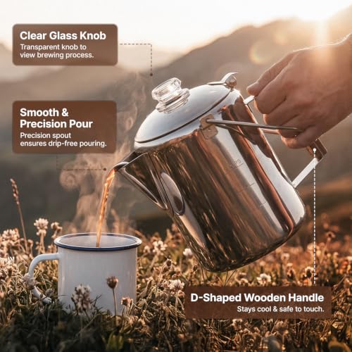 KingCamp Silver 9-Cup Percolator Coffee Pot Stainless Steel Camping Kettle