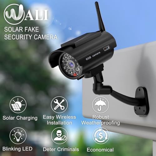 WALI Dummy Fake Camera, Solar Powered Fake Security Camera with LED Light, Simulated Surveillance Security CCTV Dome Cameras with Antenna and Warning Sticker Indoor Outdoor (SOL-TCB2), 2 Packs, Black