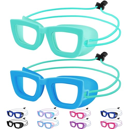 Vvinca 2 Pack Kids Swim Goggles with Bungee Strap, UV Protection, Blue & Green, for Ages 3-8