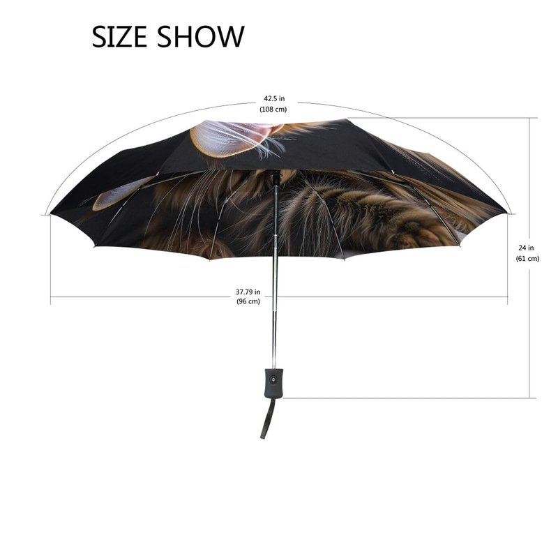 Bolaz Black Compact Travel Umbrella Maine Coon Cat Auto Open Close Umbrella Windproof Anti-UV