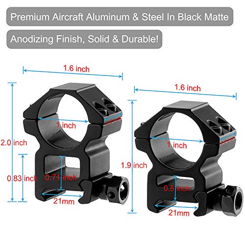 1 Inch High Profile Scope Rings - 2 Pcs Picatinny Mounts