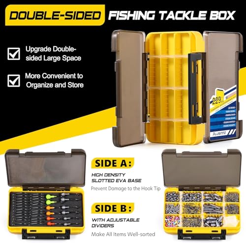 PLUSINNO 229PCS Fishing Accessories Kit with Tackle Box - Complete Fishing Gear Set for Bass Trout & More
