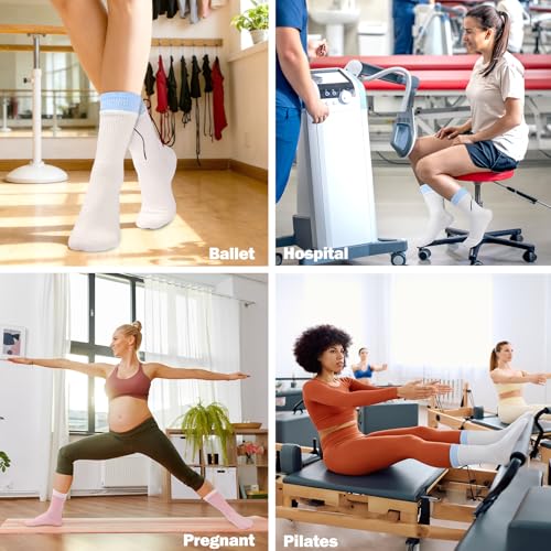 Grippy Pilates Crew Socks for Women - Cotton Anti-Slip - Magenta/Pink/White