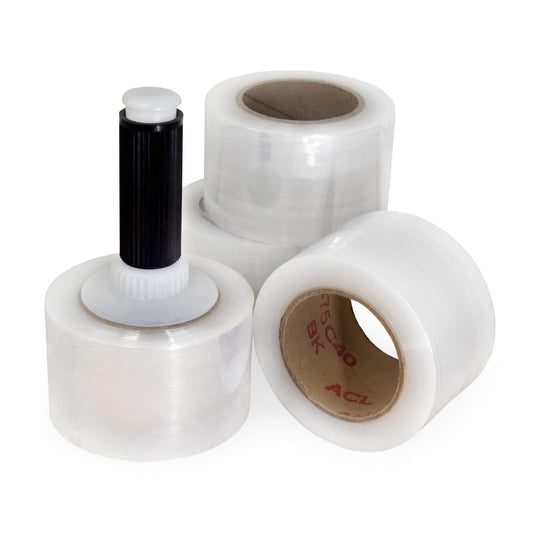 IDL Packaging 3"x 1000' Stretch Wrap Mini Roll of 80 Gauge (4 Rolls) with Plastic Handle - Extra Sticky Clear Plastic Wrap Film - Great for Moving and Office Needs - Self-Adhesive Wrap Packaging