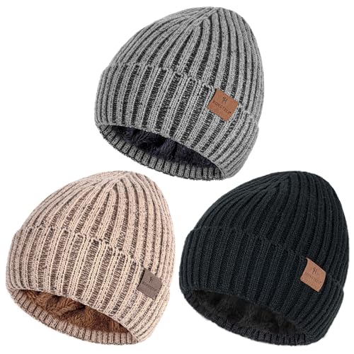 HONGTEYA 3 Pack Winter Beanie Hats for Men Women - Thermal Plush Lined Knit Caps in Khaki Gray Black, One Size