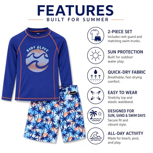 Body Glove Boys 2-Piece Swim Set Rash Guard & Trunks Navy Palm Trees 12