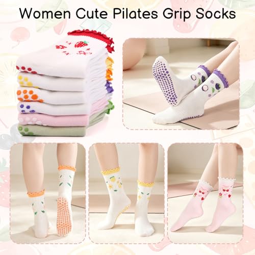 6 Pairs Cute Non-Slip Pilates Socks for Women - Pink, Green, White