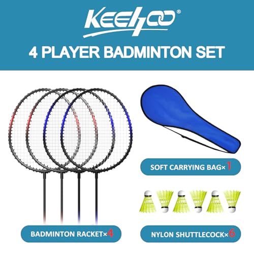 Badminton Racket Set for Adults & Kids - 4 Rackets, 6 Shuttlecocks, Carry Bag - Black, Red, Blue